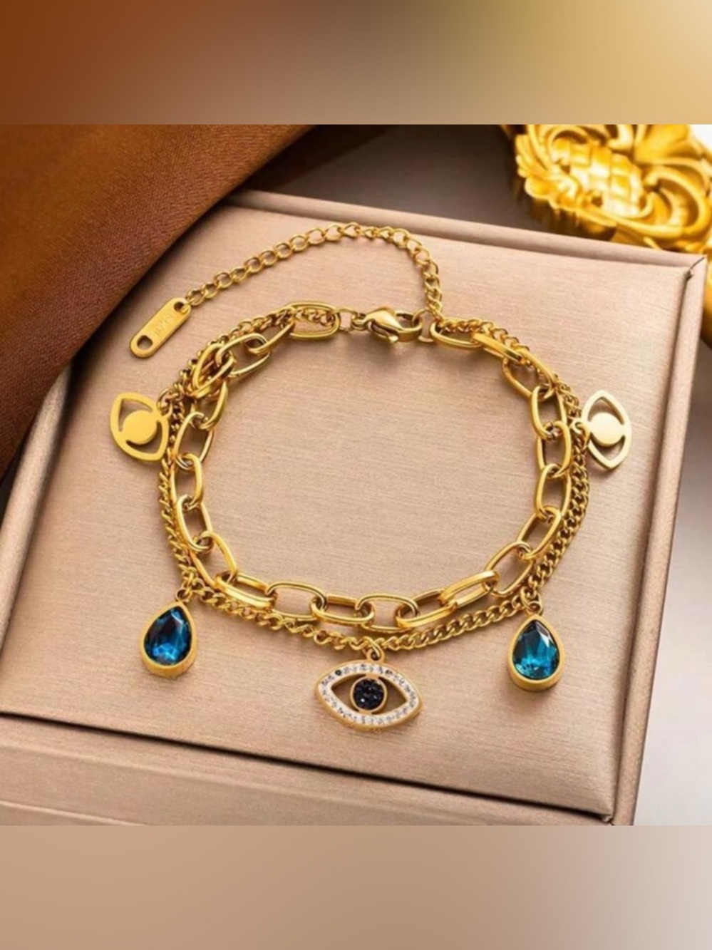 18K Gold Plated Evil Eye Bracelet with Blue Accents